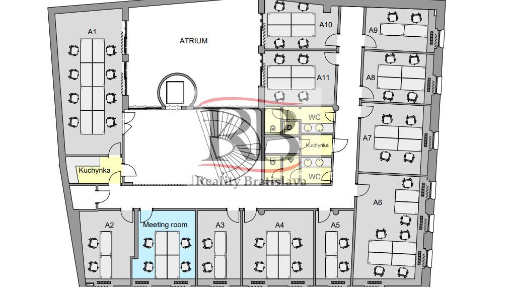 Kancelárie 15-60m2, s možnosťou zasadačky, roh Obchodnej a Hurbanovho Námestia, BAI