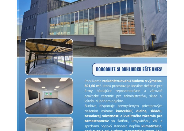 Prevádzkovo – administratívna budova vo výmere 801,66m2 na prenájom