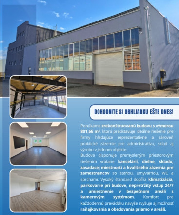 Prevádzkovo – administratívna budova vo výmere 801,66m2 na prenájom